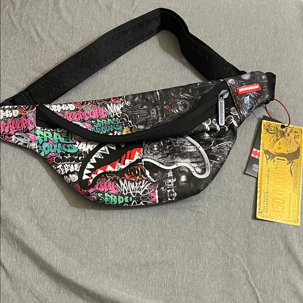 Sprayground Black Graffiti Shark Fanny Pack with Pink, Teal & Red Accents